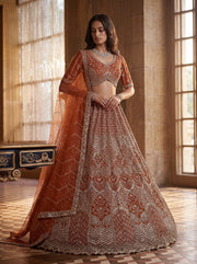Elegant Rust Orange Bridal Net Lehenga Choli with Crystal Embroidery & Soft Net Dupatta