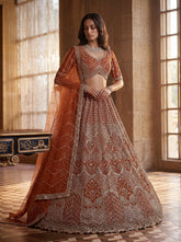 Elegant Rust Orange Bridal Net Lehenga Choli with Crystal Embroidery & Soft Net Dupatta