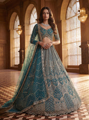 Elegant Teal Blue Bridal Net Lehenga Choli with Crystal Embroidery & Soft Net Dupatta