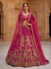Fuchsia Pink Gadhwal Silk Bridal Lehenga with Khatali Handwork & Dual Dupatta