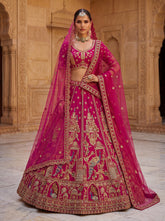 Fuchsia Pink Gadhwal Silk Bridal Lehenga with Khatali Handwork & Dual Dupatta
