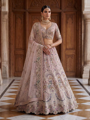 Mauve Mist Premium Net Embroidered Lehenga Choli with Peacock & Paisley Work, Designer Blouse and Soft Net Dupatta