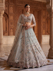 Ice Blue Premium Net Embroidered Lehenga Choli with Peacock Paisley Work and Designer Dupatta