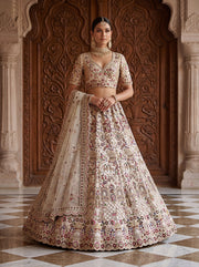 Premium Ivory Gadhwal Silk Bridal Lehenga Choli with Multi Thread Embroidery, Dori Work, Sequins & Zircon | Designer Wedding Lehenga