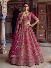 Royal Rose Pink Bridal Lehenga Choli in Heavy Satin Silk with Peacock Embroidery & Diamond Work