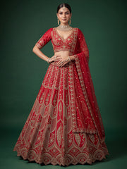 Women's Red Premium Slub Silk Bridal Lehenga Choli with Tatami Zari Embroidery & Soft Net Dupatta | Wedding Wear