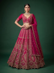 Rani Pink Premium Slub Silk Bridal Lehenga Choli with Tatami Zari, Dori Embroidery & Handcrafted Crystal Work