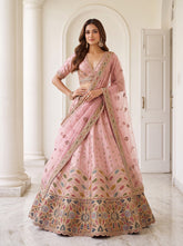 Luxury Pink Slub Silk Lehenga Choli with Gotta Patti & Mirror Work | Designer Bridal Wedding Wear
