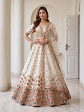 Luxury Ivory Slub Silk Bridal Lehenga Choli with Gotta Patti & Mirror Work | Designer Wedding Wear