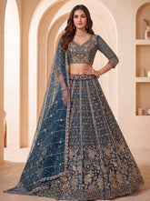 Premium Teal Blue Bridal Lehenga Choli with Crystal Handwork & Sequins | Designer Net Lehenga