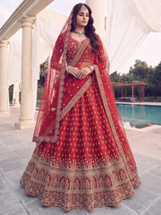 Red Heavy Embroidered Bridal Lehenga Choli with Designer Net Dupatta