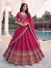 Rani Pink Heavy Embroidered Bridal Lehenga Choli with Designer Net Dupatta