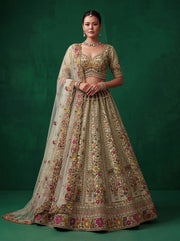Ivory Green Multicolor Floral Kalash Embroidered Designer Bridal Lehenga Choli