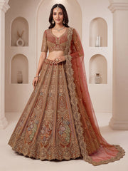 Peach Brown Peacock Designer Net Heavy Embroidered Wedding Lehenga Choli with Soft Net Dupatta | Code