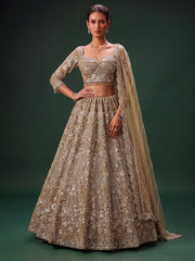 Antique Gold Heavily Embellished Net Designer Bridal Lehenga Choli Set