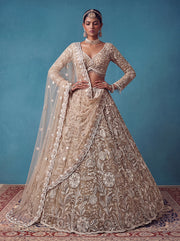 Golden Heavy Embroidered Net Bridal Lehenga Choli with Designer Lace Dupatta