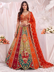 Designer Orange Silk Lehenga Choli with Zari, Mirror & Thread Work