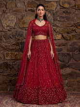 Attractive Red Designer Partywear Lehenga Choli with Zari Embroidery, Sequins & Crystal Handwork