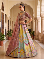 Designer Multicolor Banarasi Silk Lehenga Choli with Moti, Crystal Beads & Sequins Work