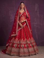 Designer Red Bridal Lehenga Choli with Heavy Embroidery and Embellished Dupatta