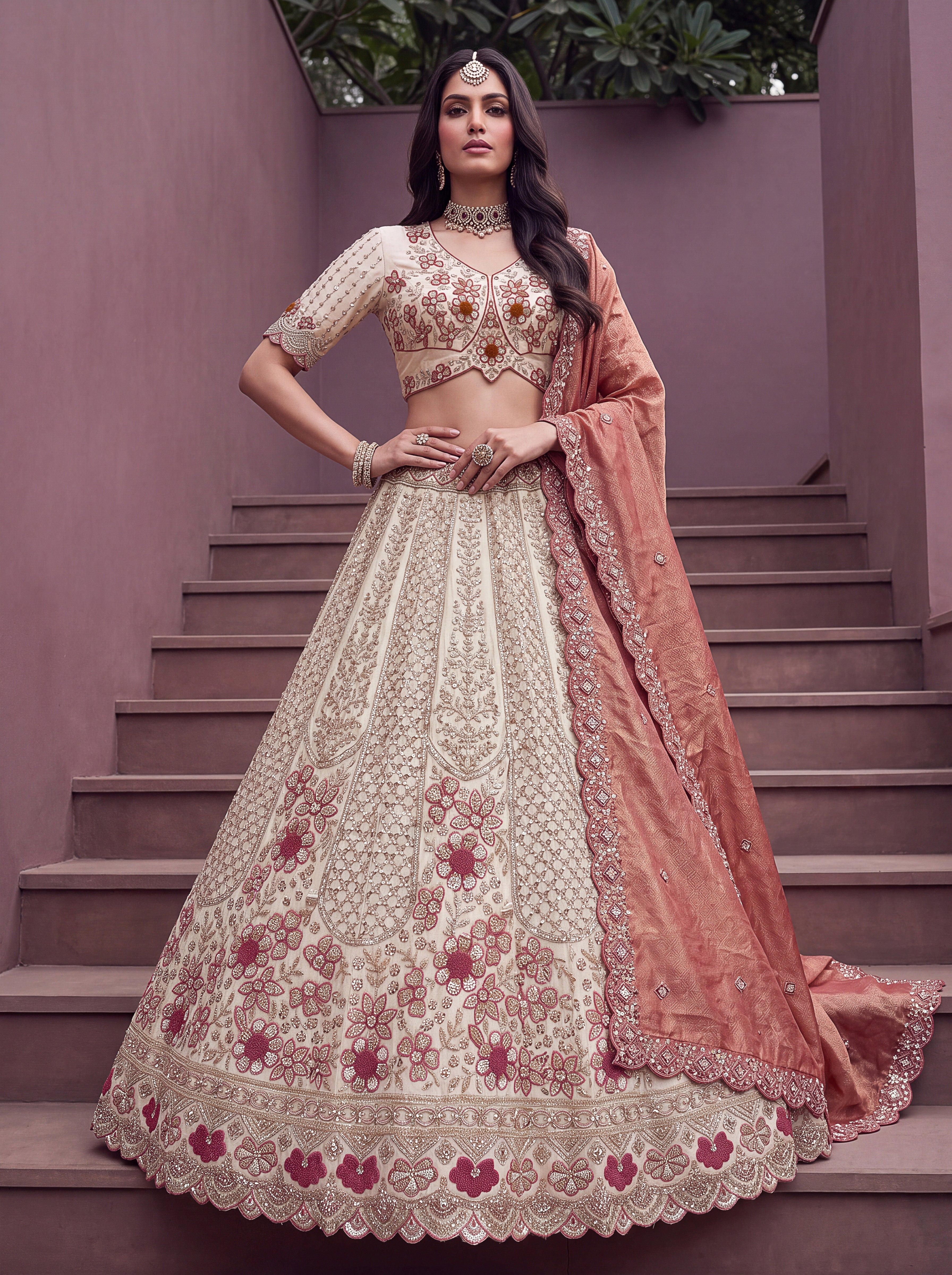 Off White Rust Silk Lehenga Choli