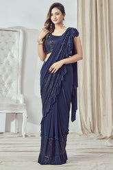 Stylish Looking Partywear Navy Blue Colour Saree