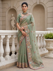 Luxury Sage Green Gabana Silk Saree with Patch Embroidery, Dori & Zari Work | Wedding & Party Wear
