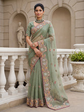 Luxury Sage Green Gabana Silk Saree with Patch Embroidery, Dori & Zari Work | Wedding & Party Wear