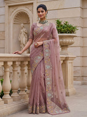Luxury Dusty Mauve Gabana Silk Saree with Patch Embroidery | Wedding & Party Wear