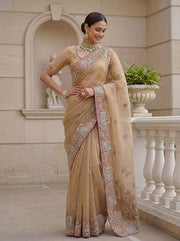 Luxury Beige Gabana Silk Saree with Patch Embroidery | Wedding & Party Wear