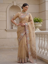 Luxury Beige Gabana Silk Saree with Patch Embroidery | Wedding & Party Wear