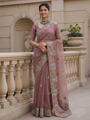 Luxury Dusty Rose Gabana Silk Saree with Patch Embroidery | Wedding & Party Wear
