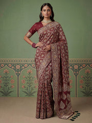 Maroon Pashmina Silk Zari Woven Saree with Gold Border & Unstitched Blouse