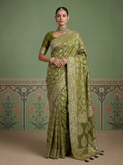 Olive Green Pashmina Silk Zari Woven Saree with Gold Border & Unstitched Blouse