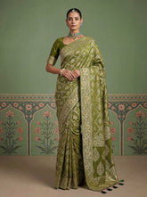 Olive Green Pashmina Silk Zari Woven Saree with Gold Border & Unstitched Blouse