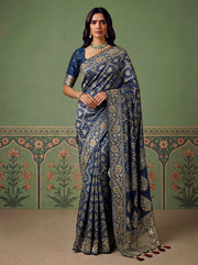 Navy Blue Pashmina Silk Zari Woven Saree with Gold Border & Unstitched Blouse