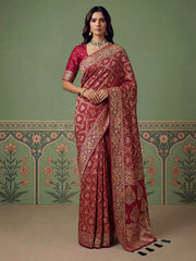 Rani Pink Pashmina Silk Zari Woven Saree with Gold Border & Unstitched Blouse
