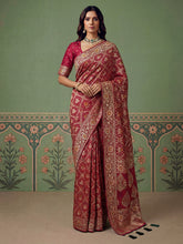 Rani Pink Pashmina Silk Zari Woven Saree with Gold Border & Unstitched Blouse