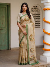 Beige Virana Silk Saree with Floral Print, Dori Work & Green Border