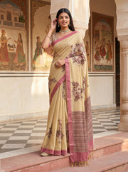 Elegant Virana Silk Floral Print Saree with Dori Work & Contrast Border