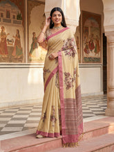 Elegant Virana Silk Floral Print Saree with Dori Work & Contrast Border