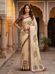 Premium Virana Silk Floral Print Saree with Dori Work | Elegant Beige Designer Saree