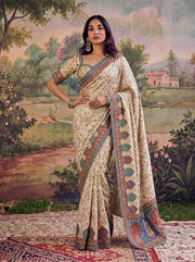 Elegant Ivory Silk Blend Saree with Traditional Embroidered Border, Dori & Sequin Work