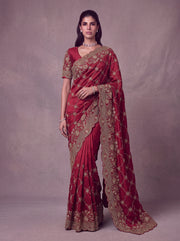Wine Red Heavy Embroidered Designer Saree