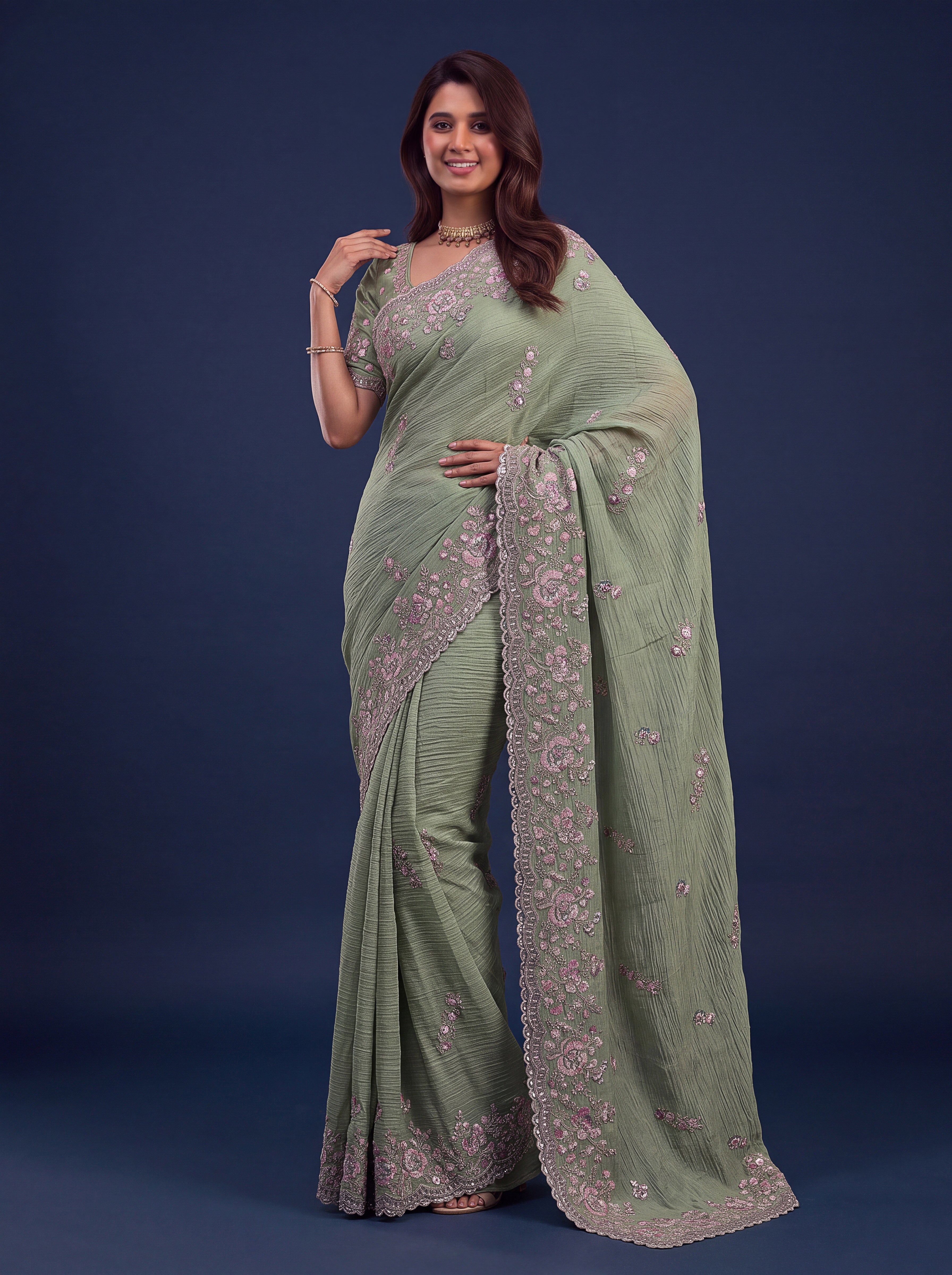 Sage Green Designer Wedding Saree