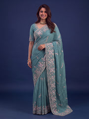 Teal Blue Designer Wedding Saree