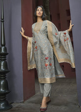 Chanderi Jacquard Digital Print Salwar Suit in Grey