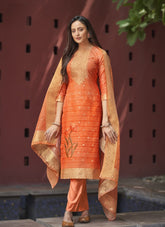 Chanderi Jacquard Digital Print Salwar Suit in Orange