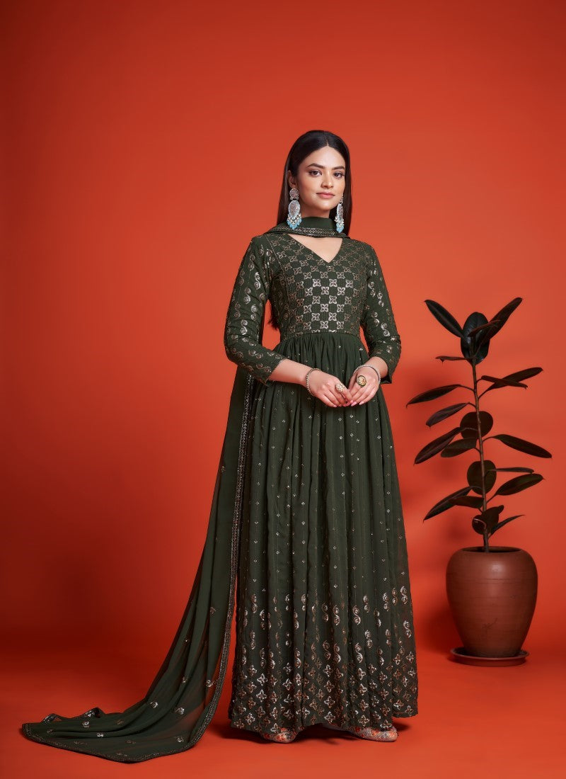 Stylish Looking Partywear Gown in Mehendi Green Colour Stylish Looking Partywear Gown in Mehendi Green Colour