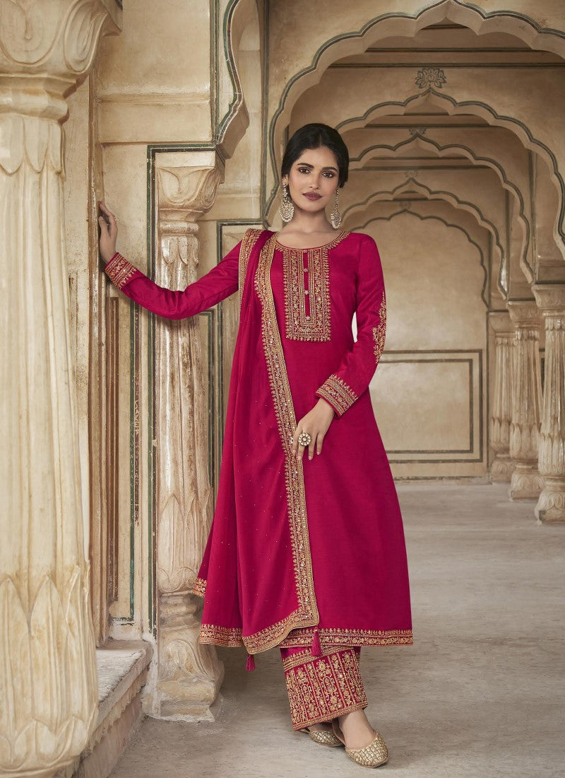 Salwar Suit of Dola Silk in Red - Main Image